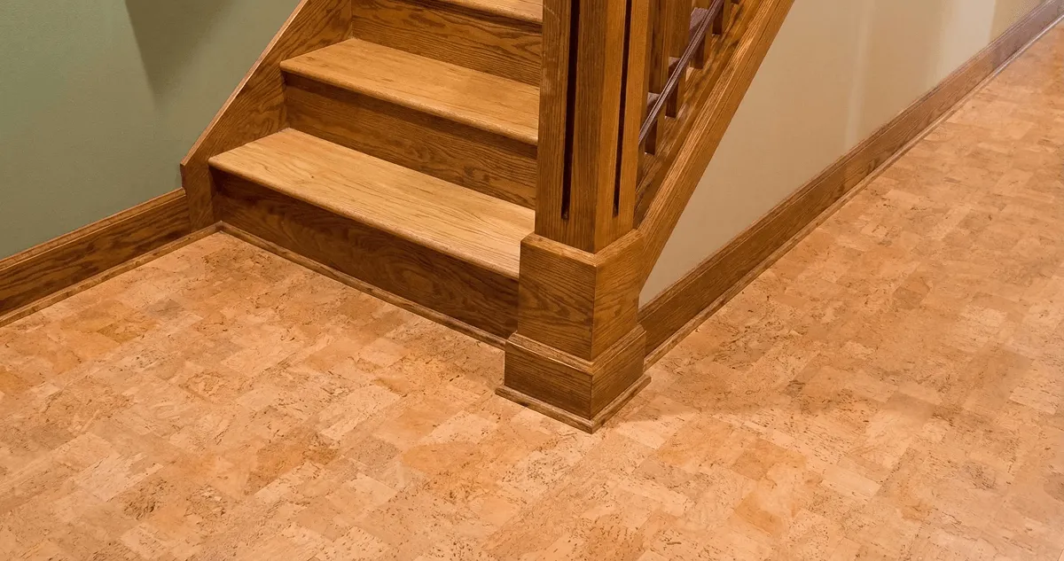End of a staircase with cork flooring in Fresno, CA
